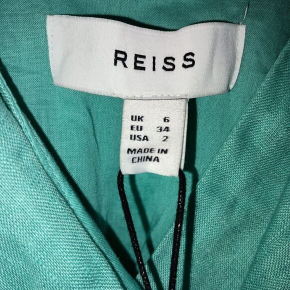 Reiss Esme Dress Size 2 Aqua Green Faux Wrap Linen Chain Strap Surplice Bodice - Picture 6 of 13